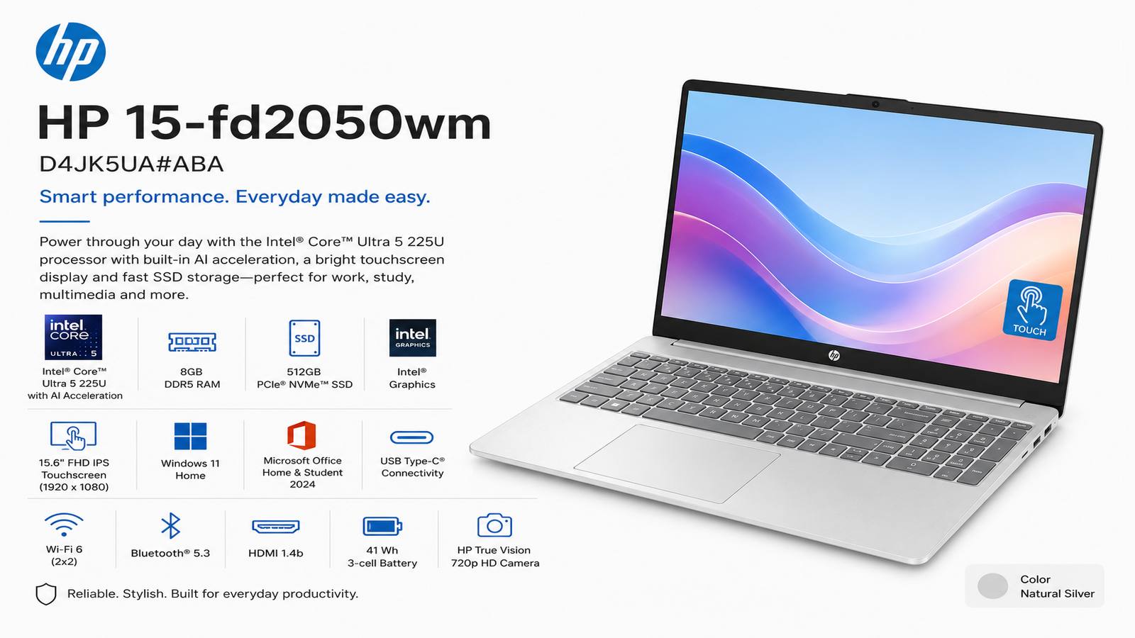 HP 15-fd2050wm D4JK5UA#ABA, 15.6-inch FHD IPS Touch Laptop, Intel Core Ultra 5 225U, 8GB DDR5, 512GB PCIe NVMe SSD, Intel Graphics, Windows 11 Home, English Keyboard, Natural Silver | D4JK5UA#ABA